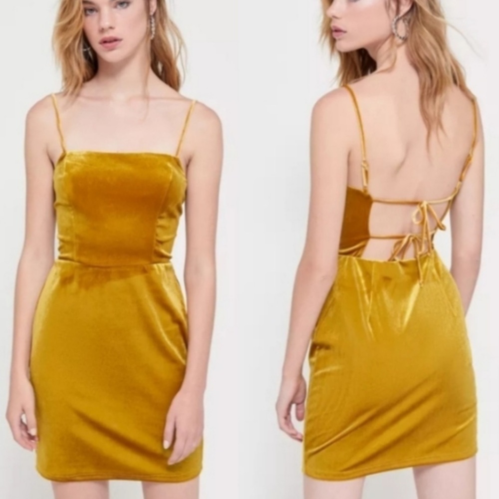 Urban Outfitters UO Velvet Tie Back Mini Dress Mustard Yellow Gold Large B